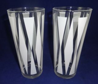 2 Vintage Barware Highball Glasses Mid Century Modern White Diamond Pattern