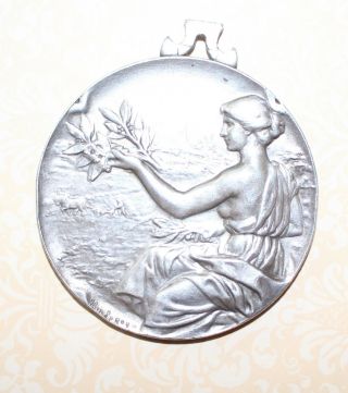 Antique 1902 Sterling Silver Art Nouveau Nude Lady Woman Huge Medal Pendant