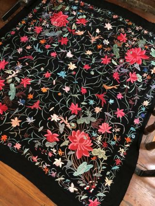 Antique Chinese Canton Embroidered Silk Piano Shawl Textile Fabric