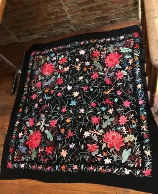 Antique Chinese Canton Embroidered Silk Piano Shawl Textile Fabric 2
