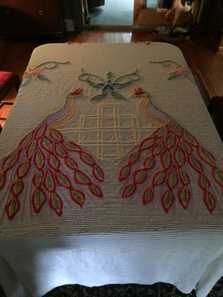 Twin Double Peacock Yellow 100 Cotton Vintage Chenille Bedspread 74”x98”