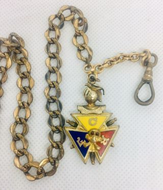 Antique Masonic Watch Fob Knights Templar Heavy Ornate Chain G.  F.  Enamel Rubies 2