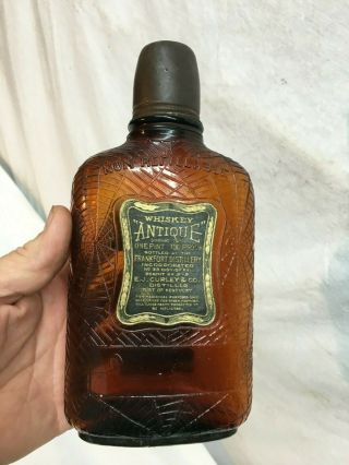 Vtg Amber Glass Whiskey Bottle With Tin Cup 100 Proof Grain 1920s Spider Web