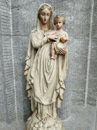 Antique Chalkware Plaster Madonna With Child Baby Jesus Christ Statue Figure