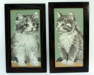 Vtg Paint By Number Kitten Pair Wood Frame Completed Picture Finish Craft Master