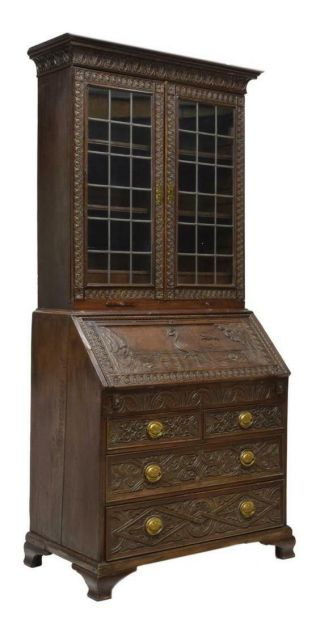 English Georgian Carved Oak Secretary Bureau And Bookcase,  18th C (1700s)