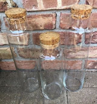 Vintage Set Of 3 Blown Clear Glass W/cork Stoppers Canister Set 10” & 13”