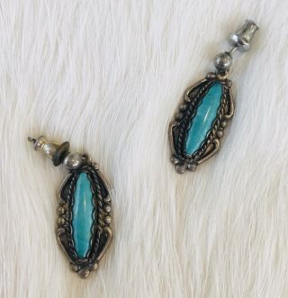 Vintage Navajo Signed 925 Sterling Silver Turquoise Ornate Dangle Earrings 1.  25 "