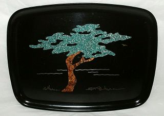 Vintage 1966 Couroc Inlaid Tray Monterey Cypress Tree Signed S F B Morse 12.  5 "