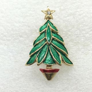 Vintage Christmas Tree Brooch Pin Green Red Enamel Costume Jewelry