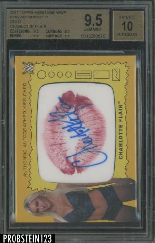 2017 Topps Heritage Wwe Wrestling Gold Charlotte Flair Kiss Auto /10 Bgs 9.  5