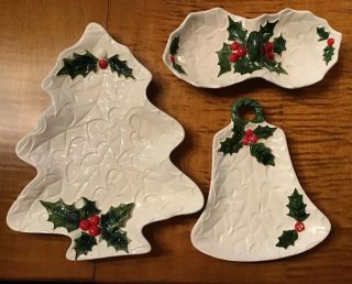 3 Mid Century Vintage Lefton White Holly Christmas Candy Dishes 1970 W/sticker