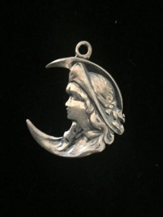 Antique Art Nouveau Sterling Silver Lady Crescent Moon Charm 925