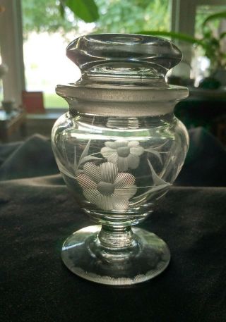Etched Crystal Stash Jar Footed Base Ground Lid Floral Design Small 5in Clear