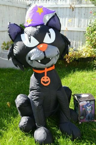 Vntg 2005 Gemmy Airblown Inflatable Halloween Cat With Wizard Hat 4 Feet Tall