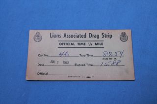 Rare 1963 Lions Drag Strip Timing Slip Drag Racing Ahra Nhra