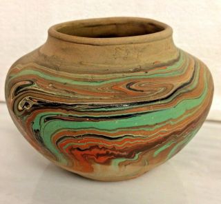Vintage Nemadji Art Pottery 4 " X6 " Vase Cache Pot Marbled Tan Coral Green