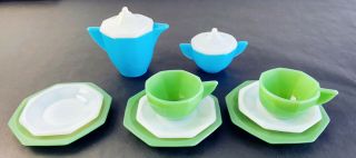 Vintage Akro Agate Childrens Jadeite Green Milk Glass Blue Octagon Tea Set