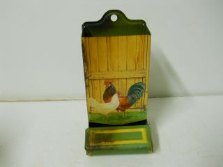 Vintage Metal Tin Match Holder Matchbox Farmhouse Decor Rooster Chicken W/ Lid