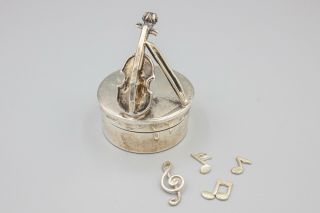 Sterling Silver Violin Cello Round Trinket Box,  Vintage,  Music,  1 3/8 " Diameter