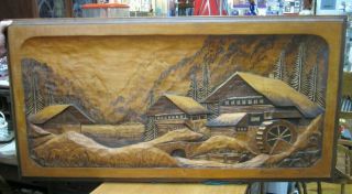 Huge Vintage 1957 3 D Burnt Wood Carving - Alpenidylle By R.  Bergner - Germany