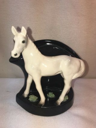 Vtg 1940 - 50’s Pottery Art White Arabian Horse Spaghetti Trim Planter Vase