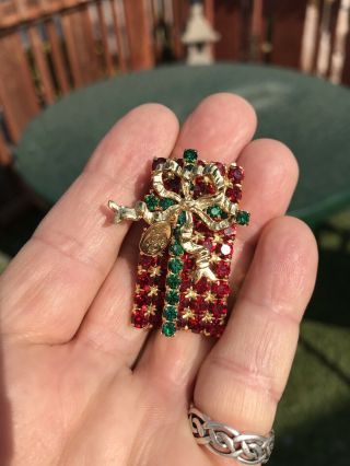 Vintage Kirks Folly Red Rhinestone Christmas Gift Box Pin Brooch