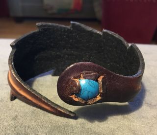Vintage 70’s Hand - Tooled Leather W/turquoise Stone Wrap Cuff Bracelet