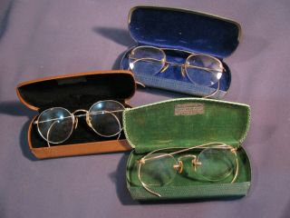 Vtg Shuron Antique Spectacles Glasses Orig Metal Cases - Three - For Refurbparts