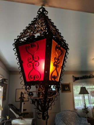 American Gothic Spanish Revival Wrought Iron Stained Glass Antique Hanging Light