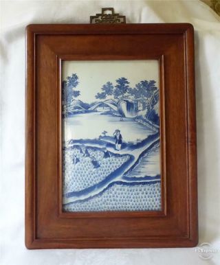 Large Antique 19th C Chinese Blue & White Porcelain Plaque In Hardwood Frame