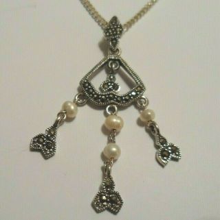 Vintage Silver Necklace With A Marcasite And Seed Pearl Drop.  925 For Silver.