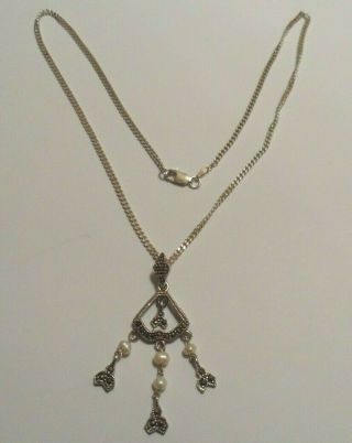 Vintage silver necklace with a marcasite and seed pearl drop.  925 for silver. 2