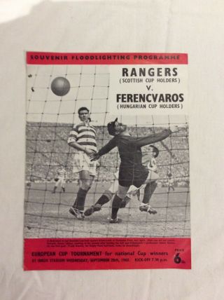 Football Souvenir Program Vintage Rangers V.  Ferencvaros 1960