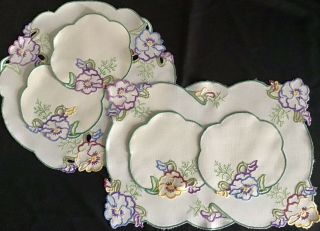 Set 6 Vintage Linen Hand Embroidered Table Mats Pansies