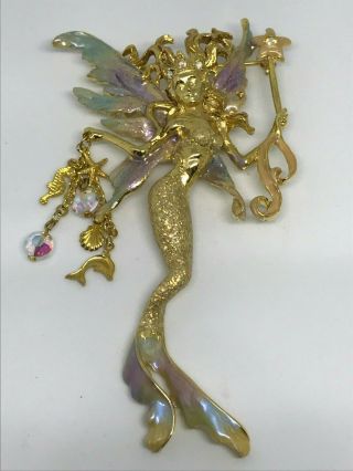Kirks Folly Sea Fairy Mermaid Gold Tone Signed Vintage Pin Brooch Wand Enameled