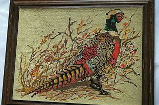Vintage Needlepoint Cross Stitch Finished Framed Pheasant Bird 27 " X 21 "
