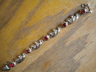 Vtg 1940s Signed BARCLAY Ruby Red Rhinestone Gold Tone Link Bracelet,  ART DECO 3