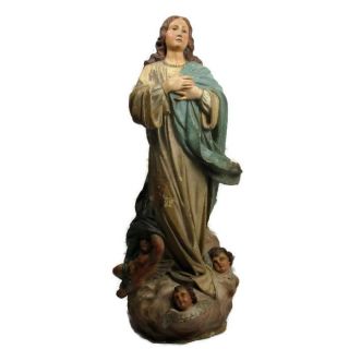 Xl Church Antique 19th C Plaster Statue Virgin Mary Angels Glass Eyes Exquisite