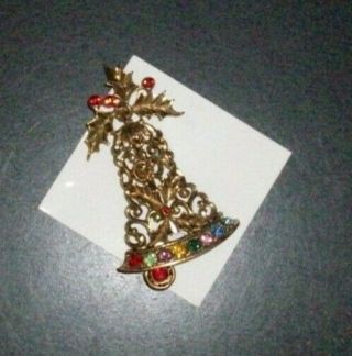 Vintage Beatrix Pin Brooch Christmas Bell Gold Holly Leaves Multi Colored Stones