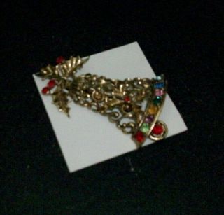 Vintage BEATRIX pin brooch Christmas bell gold holly leaves multi colored stones 2