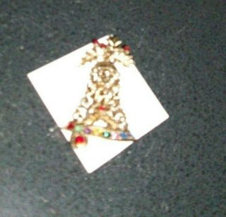 Vintage BEATRIX pin brooch Christmas bell gold holly leaves multi colored stones 3