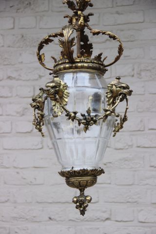 Huge Antique Bronze French Empire Lion Heads Crystal Glass Chandelier Lantern