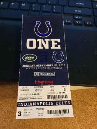 2015 Indianapolis Colts Vs York Jets Nfl Ticket Stub 9/21 Small Thumb Bend