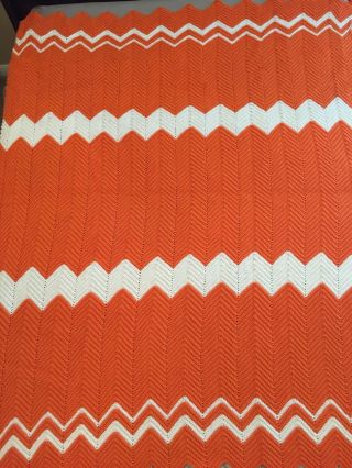Vtg 70s Orange White University Ut Hand Crocheted Blanket College Throw Afghan
