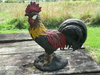 Antique Vtg Rooster Chicken Cast Iron Doorstop Paint Bird Farm House