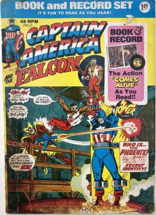 Vintage Captain America & The Falcon Book & Record Set 1974 Power Records 45 Rpm