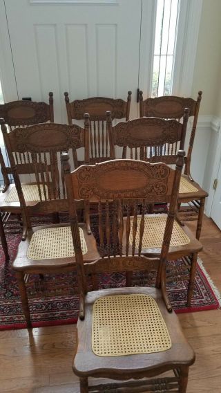6 Antique Larkin Carved Pressed Oak High Spindle Back Side Chairs
