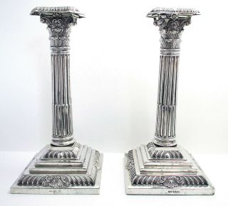 Pair Antique Corinthian Column English Victorian Sterling Silver Candlesticks