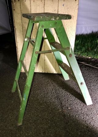 Vtg 2 Step Folding Wood Step Ladder Stool Primitive Orig.  Chippy Green Paint